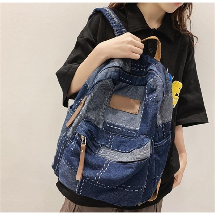 Student School Bag Denims Patched Backpack Girls Aesthetic Backpack Travel Bag Large Capacity Casual Daypacks