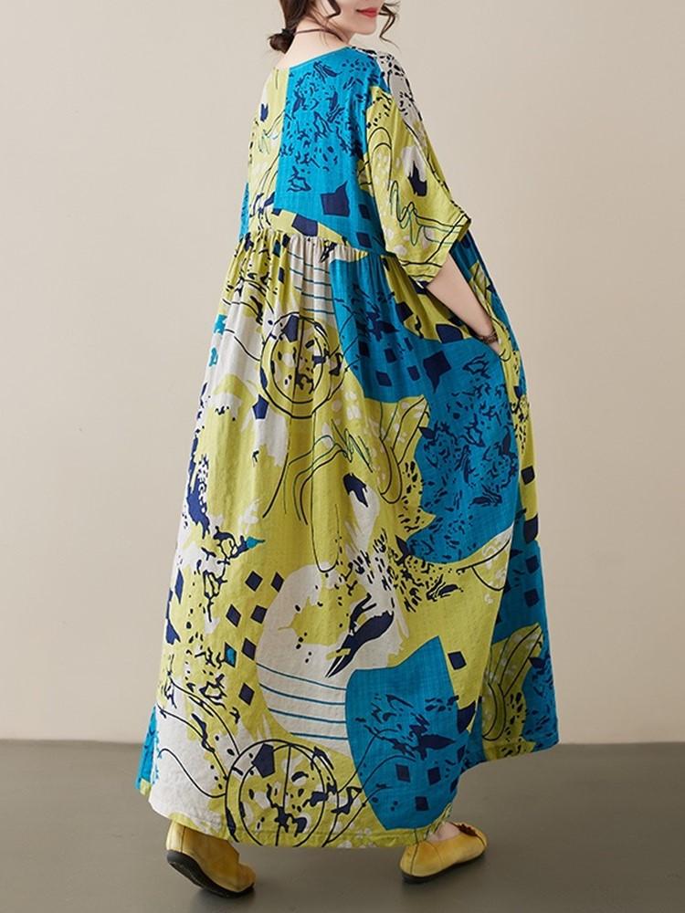 Krátký rukáv Velké bavlněné vintage květinové nové šaty pro ženy ležérní volné dlouhé léto