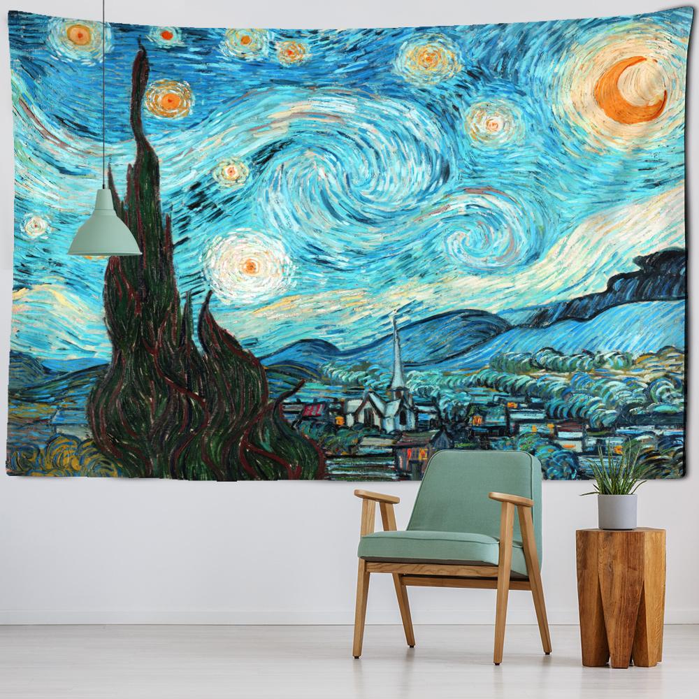 Van Gogh Sternennacht Feld Landschaft Druck Muster Tapisserie Hause Wohnzimmer Wand Dekoration Hintergrund Hängen Tuch