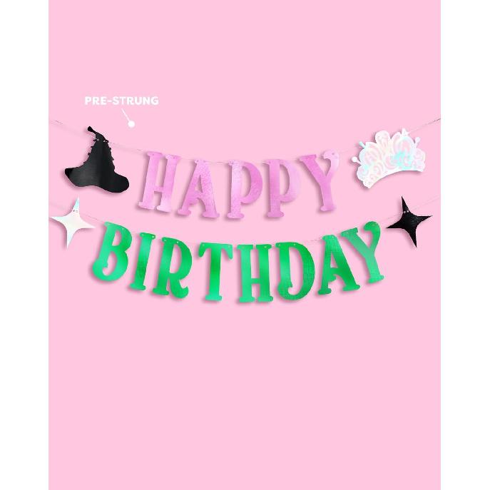 xo, Fetti Happy Birthday Banner - Pink + Green Foil, 4 Ft. | Witch Birthday Decorations, Girls Bday Sign, Kids Wizard Party, Photoshoot Backdrop