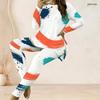 Women Plus Size Round Neck Long Sleeve Printed Longline Top And Fitted Pants Two Piece Set