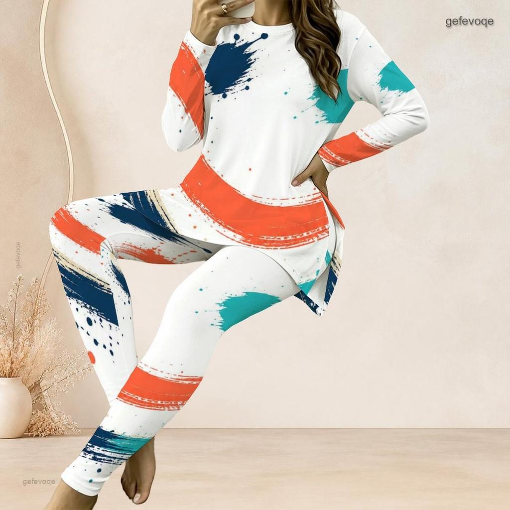Women Plus Size Round Neck Long Sleeve Printed Longline Top And Fitted Pants Two Piece Set