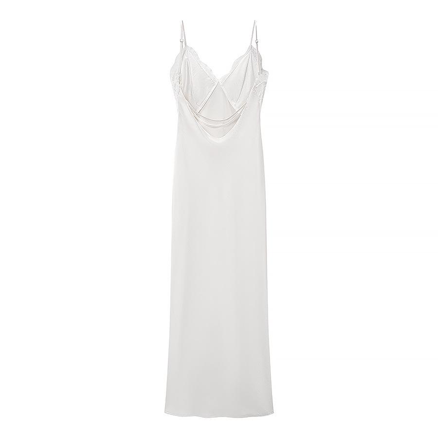 Women's Spring 2026 Elegant Satin Dress: Open Back Lace Patchwork