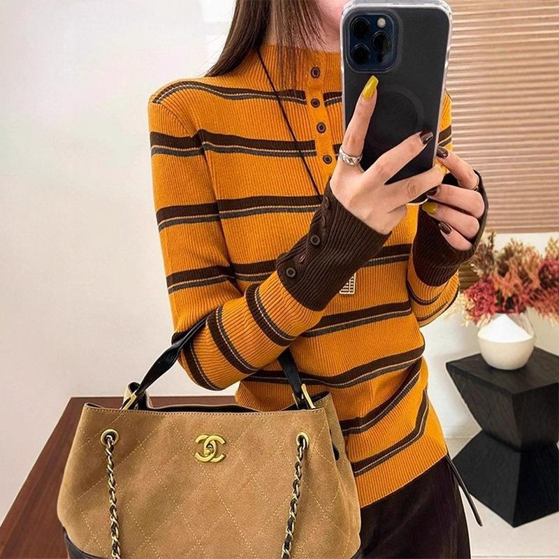 

Maillard autumn and winter pullover striped contrasting color semi-turtleneck knitted sweater long-sleeved high-end slim-fitting shirt women average size помаранчевий