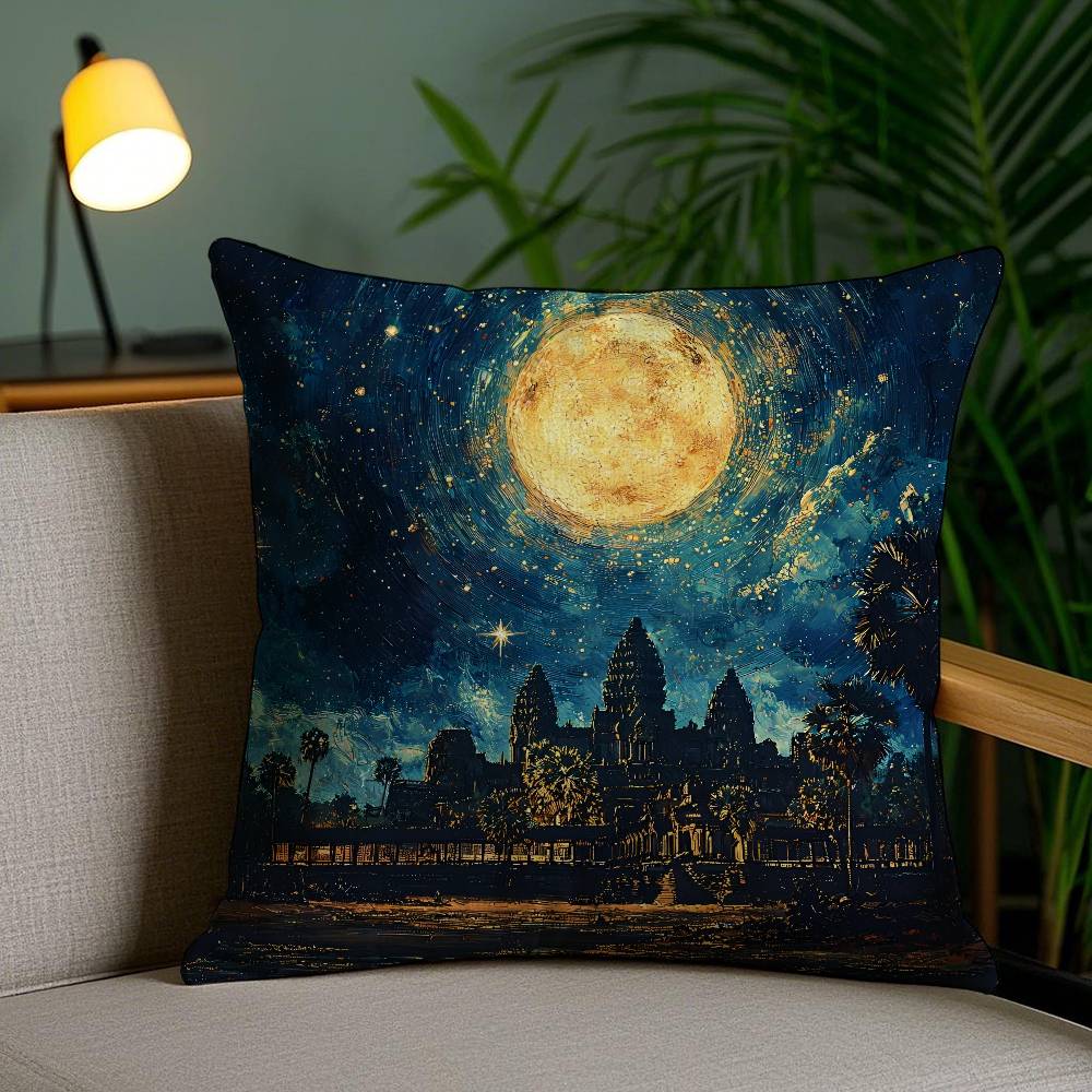 

Oil Painting Artwork Angkor Wat-W Pillow Case Anti-dustmite Pillowcase Invisible zipper silky short plush Sofa cushion cover 12x12Inch
