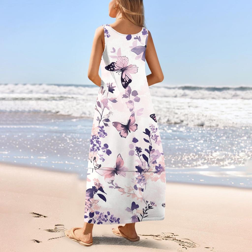 Women's Casual Floor-length Sundress Summer Beach Dress Round Neck Sleeveless Loose  Print Sundress
