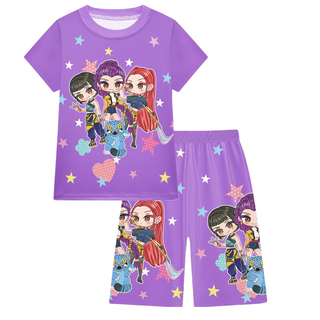 KPOP Mädchen T-Shirt und Hosen Set, Demon Slayer Cartoon, Zweiteiliges Kurzarm- und Shorts-Set für große Kinder