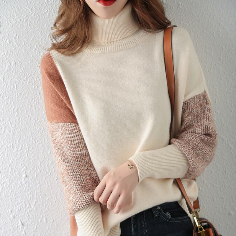 Autumn Winter High Collar Loose Casual Patchwork Knitting Pullover Top Women All-match Bottomed Sweater