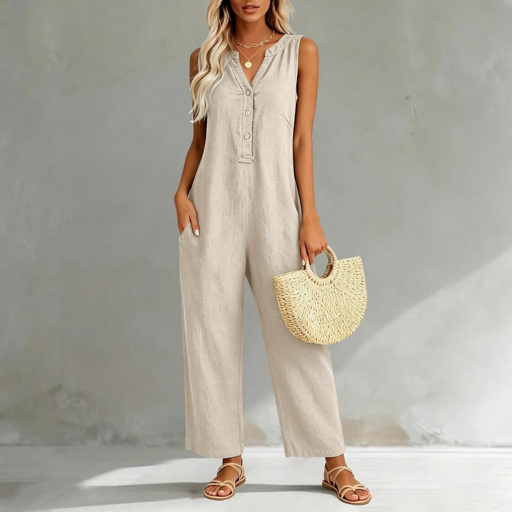 Damen Freizeit Ärmelloser V-Ausschnitt Knopfleiste Strampler Weiter Baggy Latzhose Mit Tasche