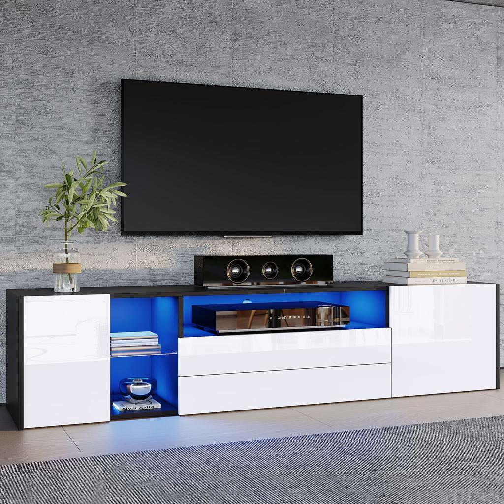 TV-Schrank LED, Hochglanz 2 Türen 2 Schubladen, TV-ständer Fernseher bis zu 75 Zoll, TV Lowboard Wohnzimmer, Esszimmer, 180cm, Schwarz & Weiß