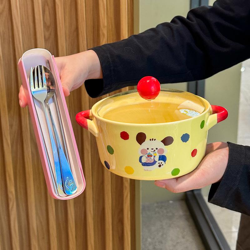 Cream Wind Tableware Cute Ceramic Instant Noodle Bowl with Lid Binaural Soup Bowl Instant Noodle Bowl for Student Dormitory