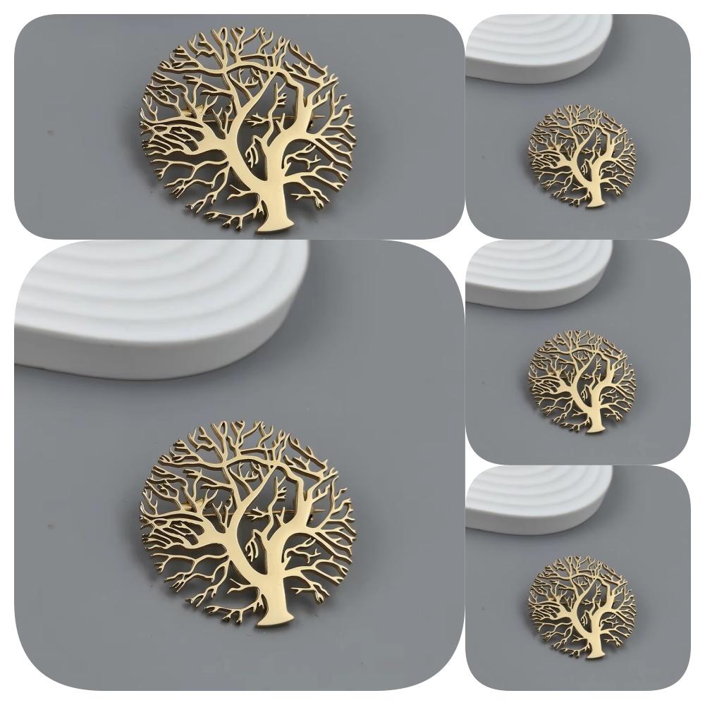 New Round Tree of Life Gold-plated Stainless Steel Brooch, Men's Suit Pin Black, High Quality Father Husband Gift Set