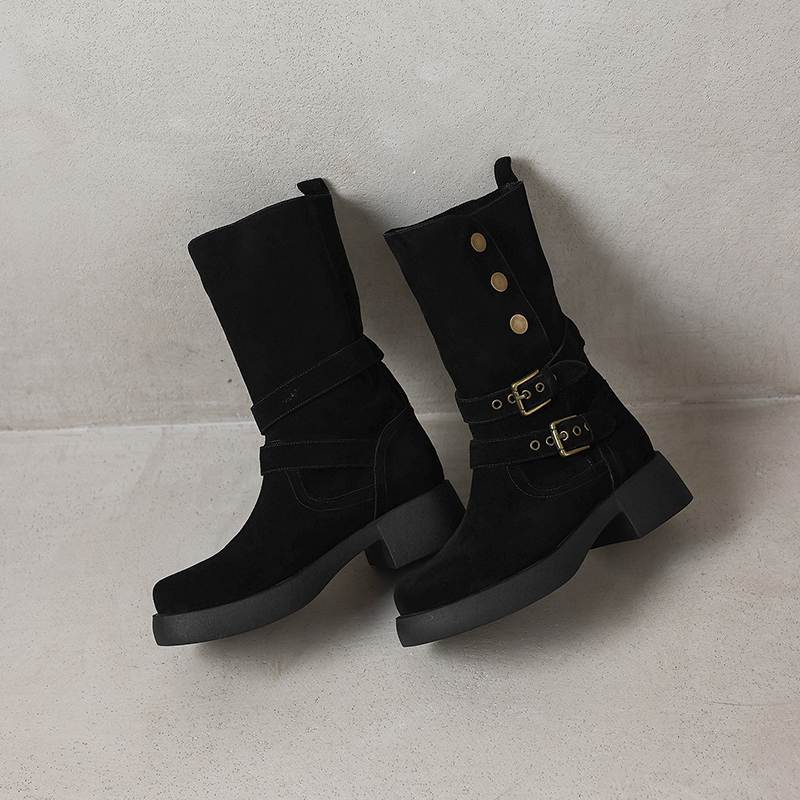 Krazing Pot Cow Suede Round Toe Thick Heels Motorcycle Boots Size 42 Back Zip Women Keep Warm Metal Button Mid-calf Boots