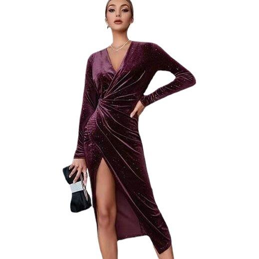 Rochii de seară noi europene și americane, picioare sexy dezvăluite, mâneci lungi, rochii de lungime medie și lungă, rochii din catifea aurie pentru femei