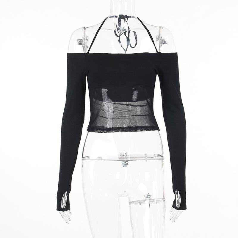 Pure Desire Off Shoulder Elegant Spice Girl Tops Ins Autumn New Sexy Slim Mesh T-shirt Women Fashion Solid Long Sleeved Casual Clothing