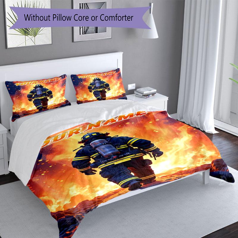 3PC Custom Name Firefighter Bravery Flames Bedding Set Duvet Cover Closure Includes 1 Duvet Cover & 2 Pillowcases for Bedroom