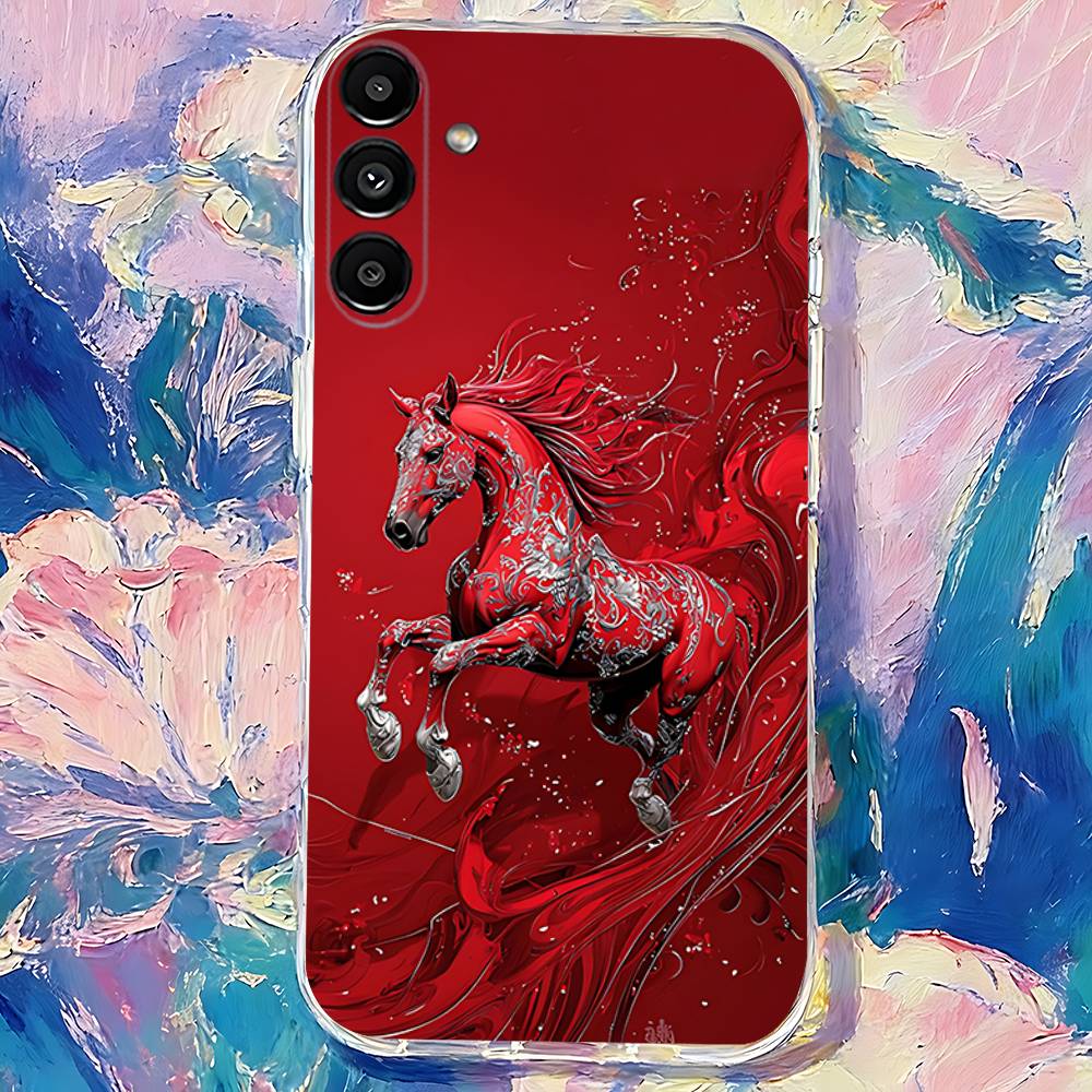 Chinese-Style Red Horse Phone Case For Samsung S24,S25,S30,S23,S21,S22,S20,S10,5G,FE,lite,PIus,Ultra Clear Transparent Cover
