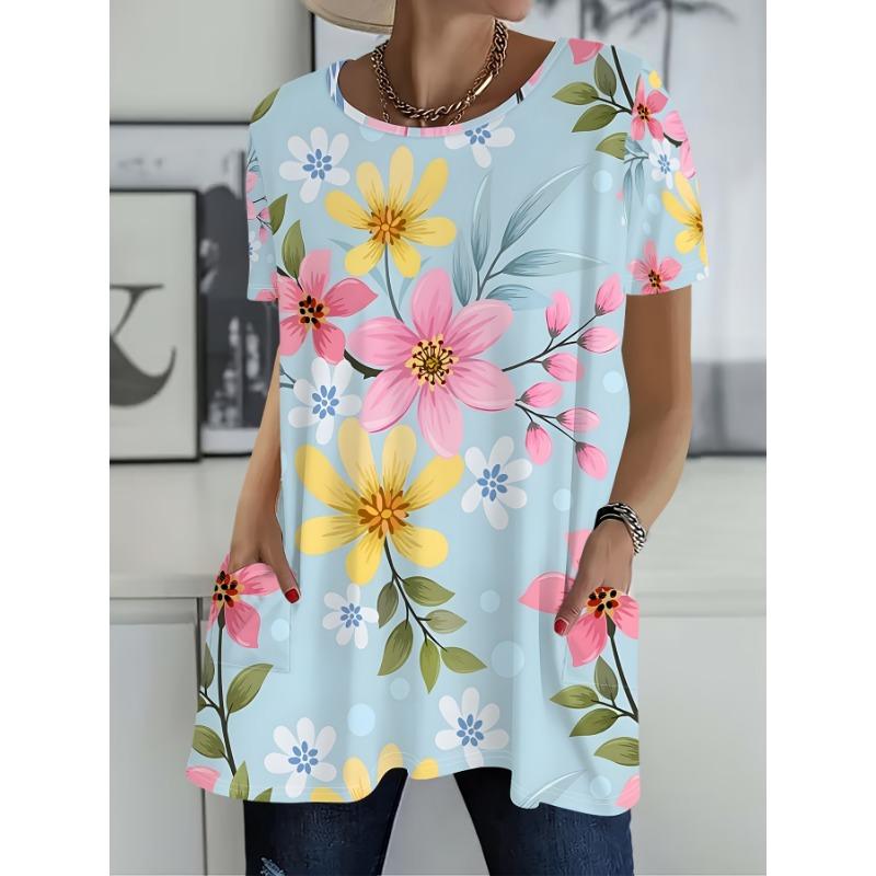 Women'S Summer Light Small Floral Fresh Style Printed Pocket Round Neck Short Sleeve T-Shirt Top