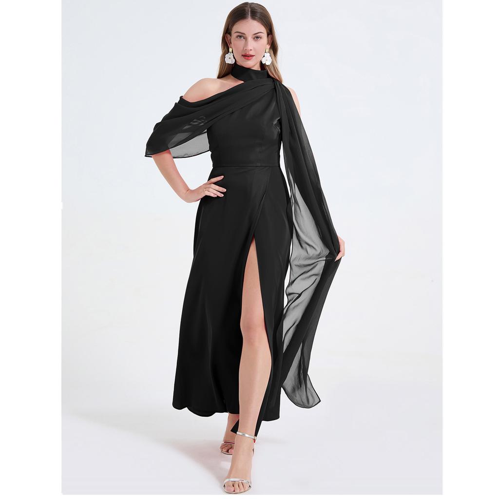 Sexy Off-the-Shoulder Patchwork Halter-Neck High-Waisted Slit Dress Women's Elegant and Flowing Slit Evening Gown Summer Dress