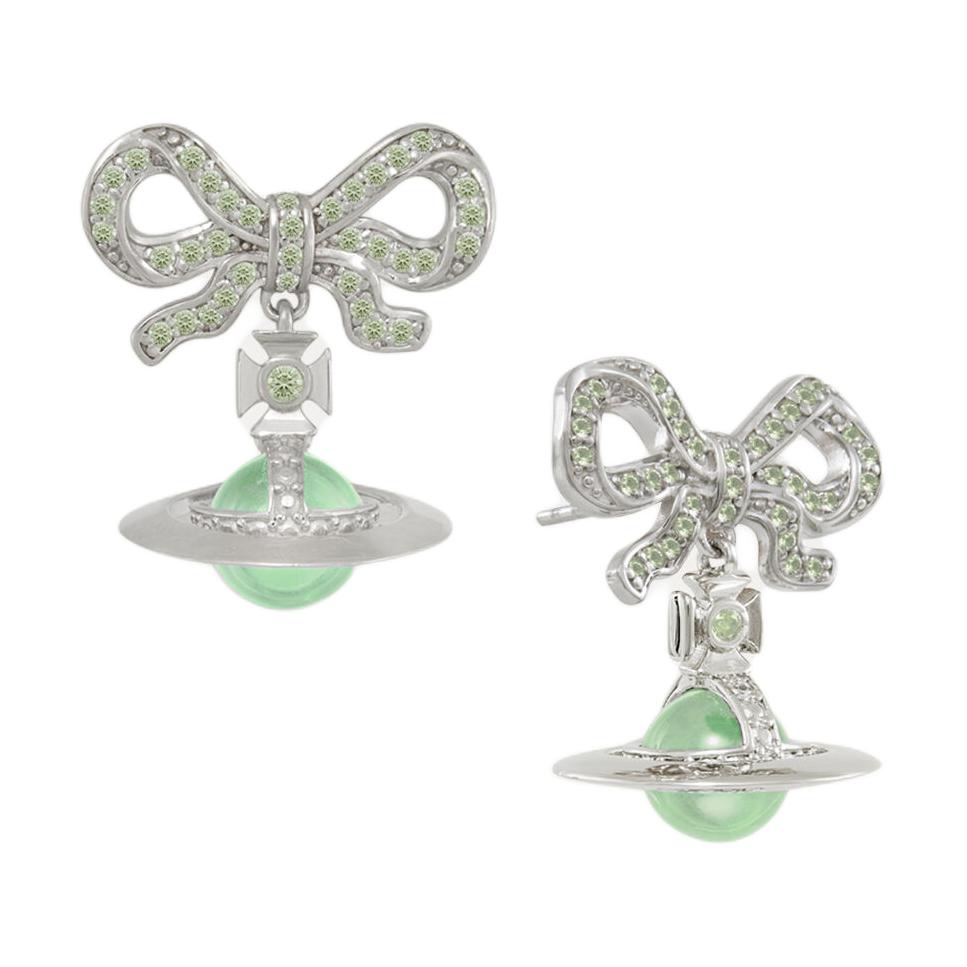 Vivienne Westwood Octavie Bow Planet Saturn Pendant Earrings Women earrings Light-Green Silver 6202014H-01P726 Basic Packaging-Dust Bag+Box