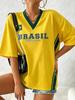 Summer Fashion New Brazil Style T-Shirt Women Patchwork V-Neck Short Sleeve Tees Casual Sports Football Jerseys Y2K Street Tops