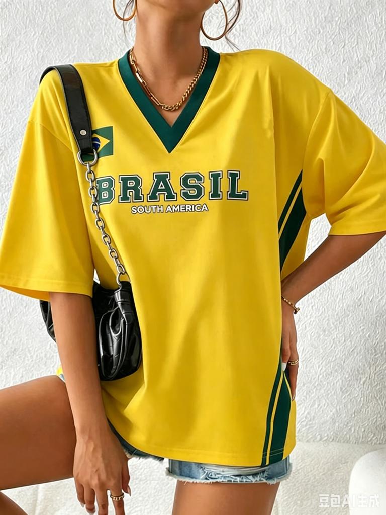 Summer Fashion New Brazil Style T-Shirt Women Patchwork V-Neck Short Sleeve Tees Casual Sports Football Jerseys Y2K Street Tops