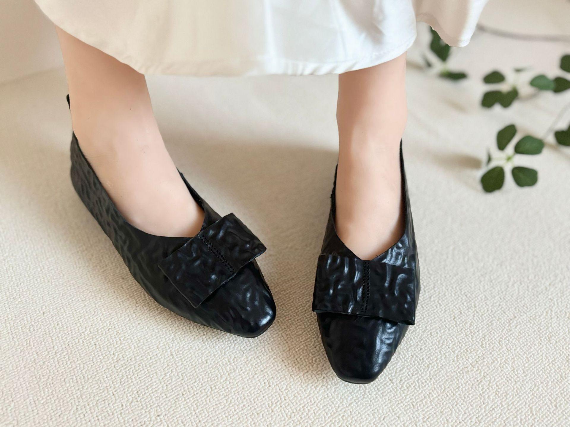 

Весенние туфли-лодочки из первого слоя коровьей кожи с квадратным носком на плоской подошве для женщин, женские туфли из натуральной кожи с бантом, литературные и ретро 35 чёрный