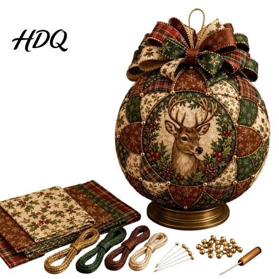 Christmas Patchwork Ornament Kit Quilted Fabric Ball DIY Kit Craft Material Pack Handmade for Beginner Xmas Tree Hanging Decor Adults Family