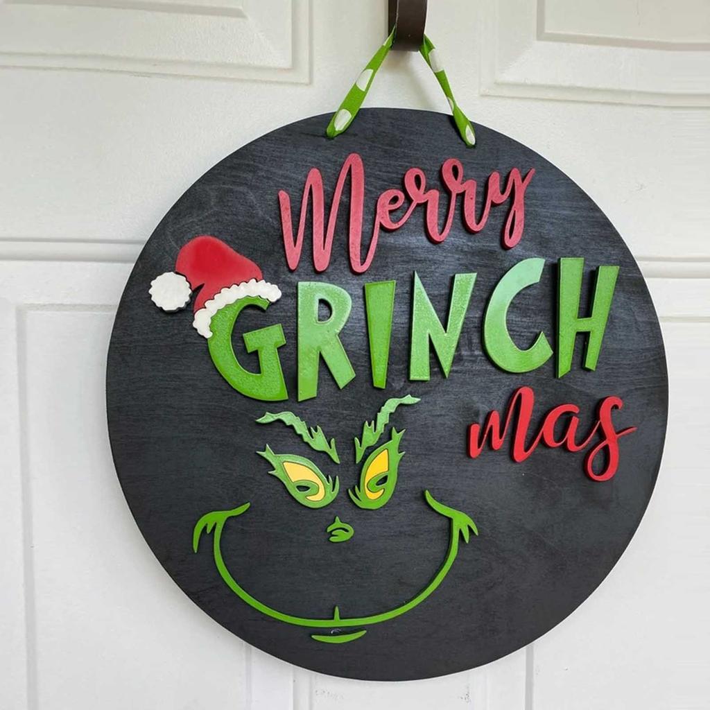 Welcome Sign Funny Grinch_Welcome Front Door Sign Wreaths, Wooden Hanging Plaque Decoration, Porch Decor, Wall Garland Pendant