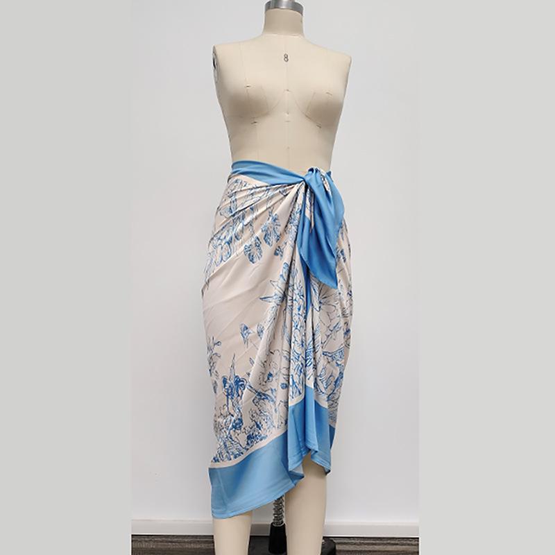 

Женская юбка миди с принтом в европейском и американском стиле для отпуска, пляжное платье One Size светло-синий