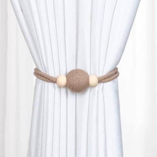 2PCS Magnetic Curtain Ties,with Strong Suction, Woven Rope And Wooden Beads Tiebacks, for Nordic Japanese Style Home Decor