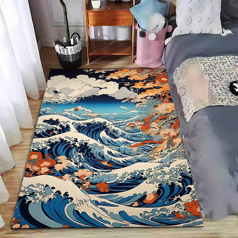 

Waves and Flowers Carpet Design in Stunning Blue and Orange Suitable for use as an anti-slip game mat for living room and bedroom sofas 40x60cm( 15x23in )