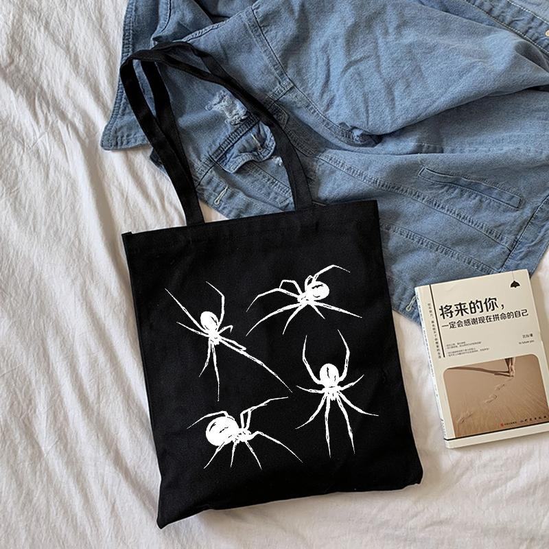 Japanese Evil Spider Print Canvas Bag Casual New Punk Y2k Dark Female Shoulder Bag Large-capacity Hip-hop Vintage Shopper Bag