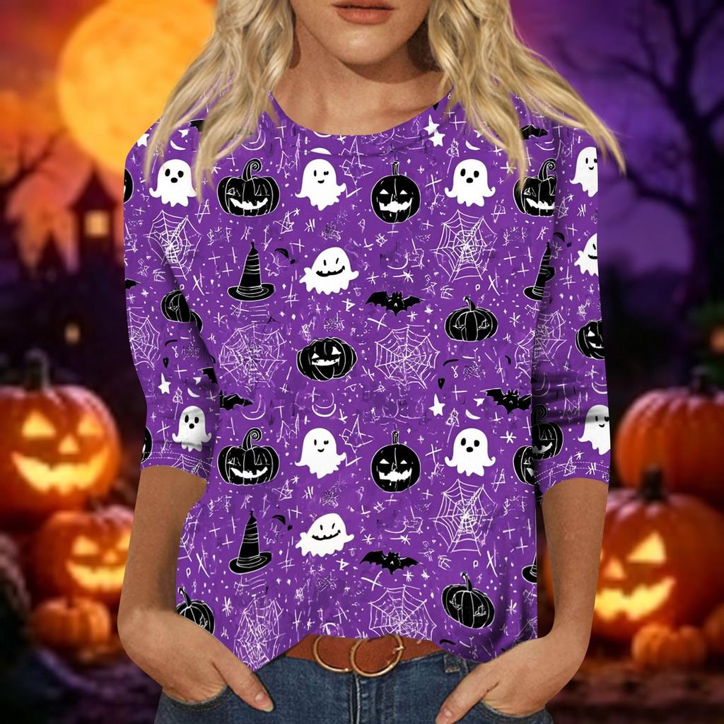 Women's Casual Halloween Print Top Three Quarter Sleeve Round Neck Pullover Shirt Lightweight Comfortable Fit for Everyday Wear