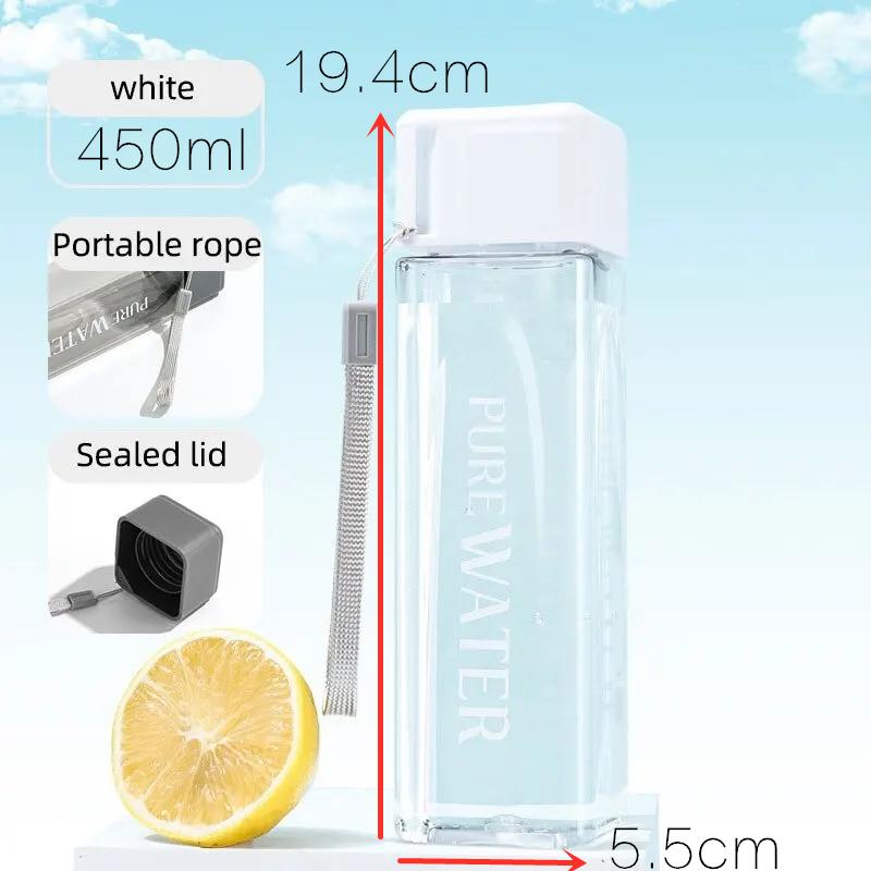 450ml,1pcs Clear Square Drinking Glass In Mate Plastic, Portable Water Bottle with Milk Cable for Outdoor Sport