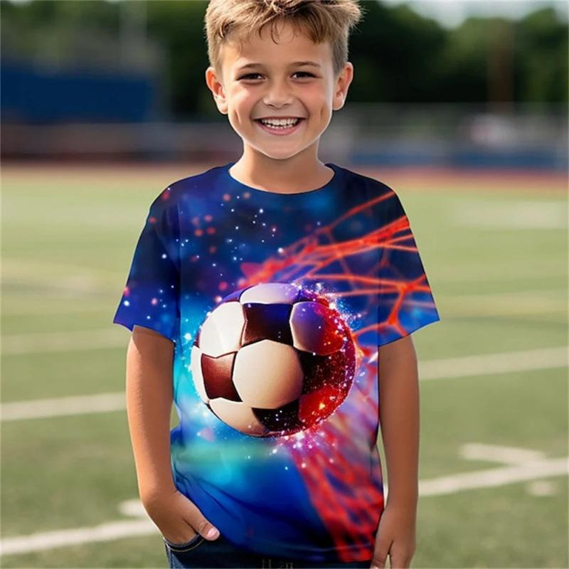 Summer Round Neck Football Pattern 3D Printed Top Fashionable Casual Short Sleeved Children's Boy T-shirts