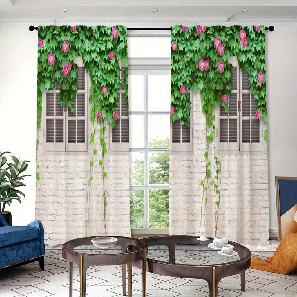 2ks Poloprůhledný Dekorační Závěs Zelené Eukalyptové Listy Zelené Rostliny Jaro Polyesterová Vlákna Kapsa na Tyč Závěs Do LožniceR