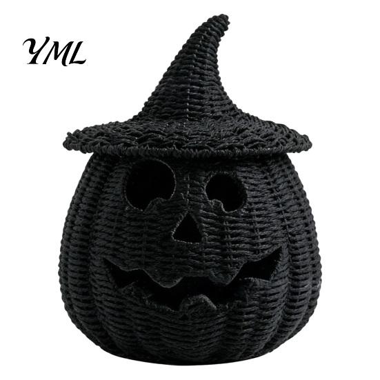 Handgemaakte Geweven Textuur Ambachtelijk Kunst Rotan Halloween Pompoen Beeldje, Zwart Hars Beeld met Heks Herfst Feest Raamdecoratie Hoed, Rustiek Vlechtwerk