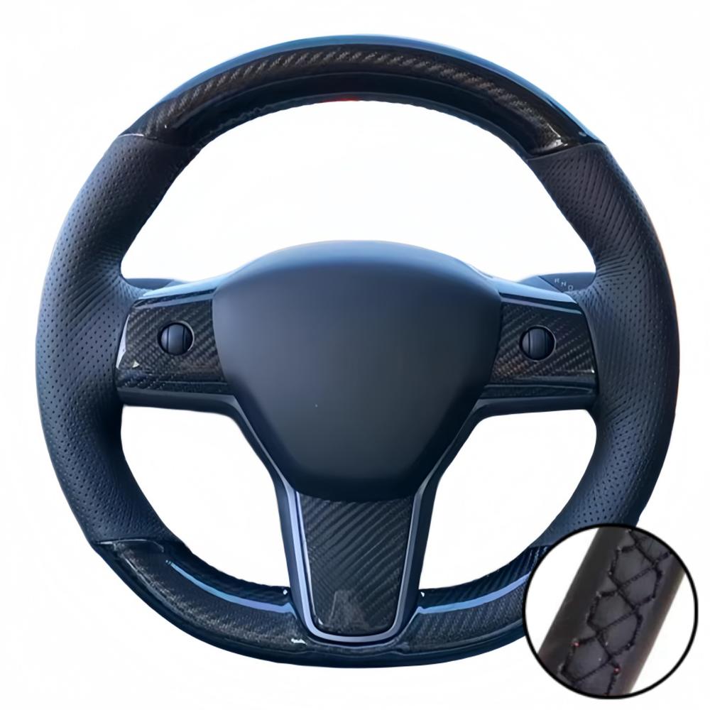 Car Accessories Hand Stitched Black Non-slip Carbon Fiber Leather Model Y 2017- Steering Wheel Cover For Tesla Model 3