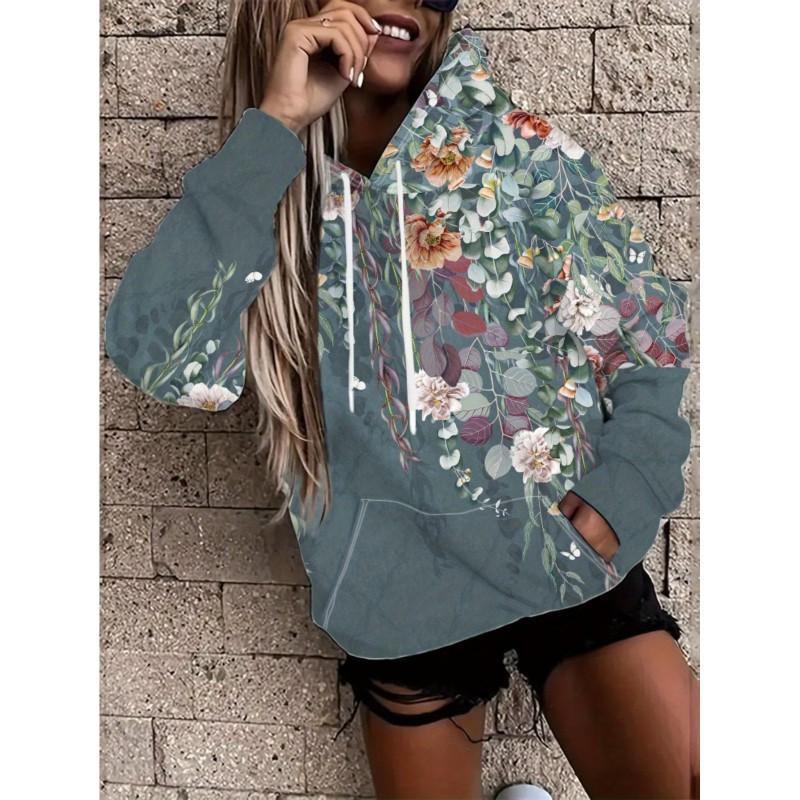 Womens Floral Print Hooded Sweatshirt Soft Comfortable Casual Pullover Daily Wear
