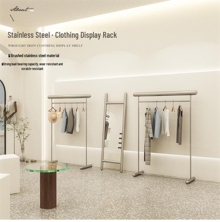 Floor-Standing Stainless Steel Display Rack for Men's, Women's, and Children's Clothing