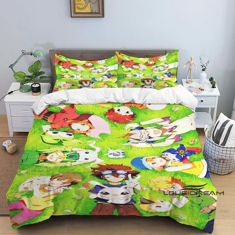 Digimon Cartoon 3D-Printed Bedding Set—Includes Duvet Cover and Pillowcases—Available for Single, Double, King, and Queen-Sized