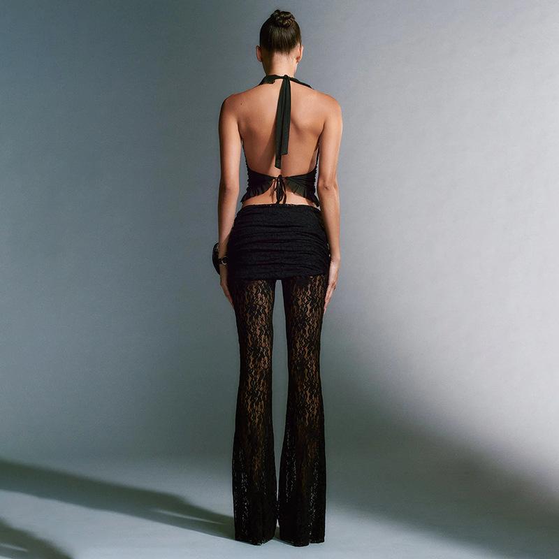 Sexy Lace Splicing Slim See Through High Waisted Flared Pants
