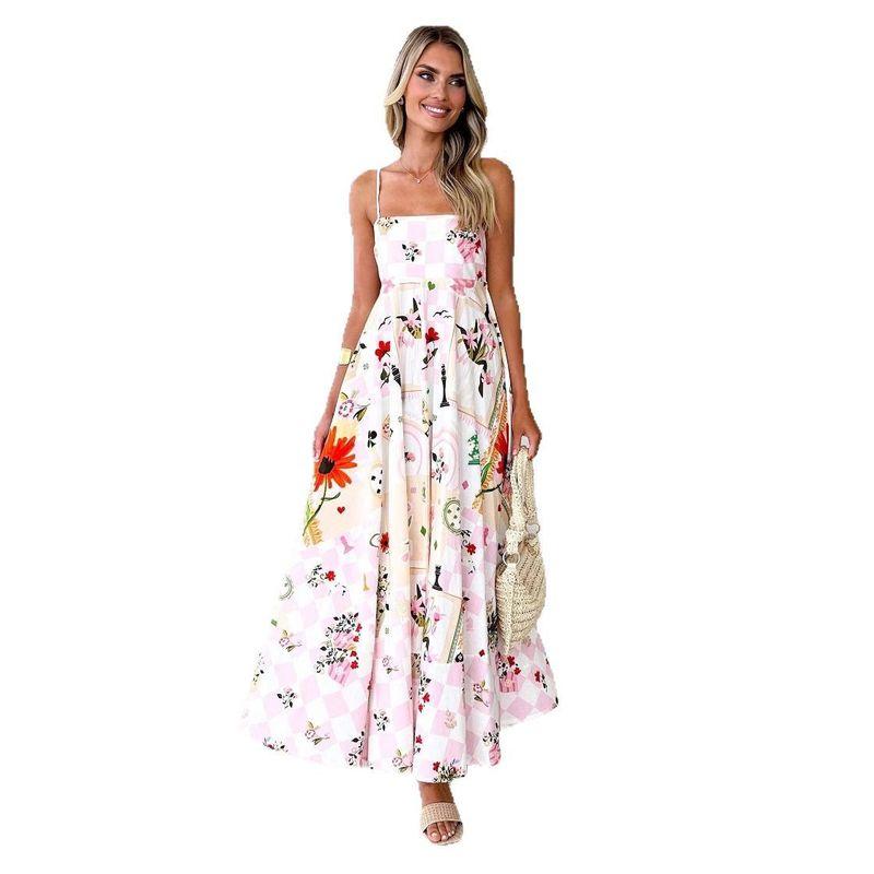 2025 European and American Foreign Trade Summer Fashion Print Backless Sling Sexy Big Hemline High Waist Dress Women