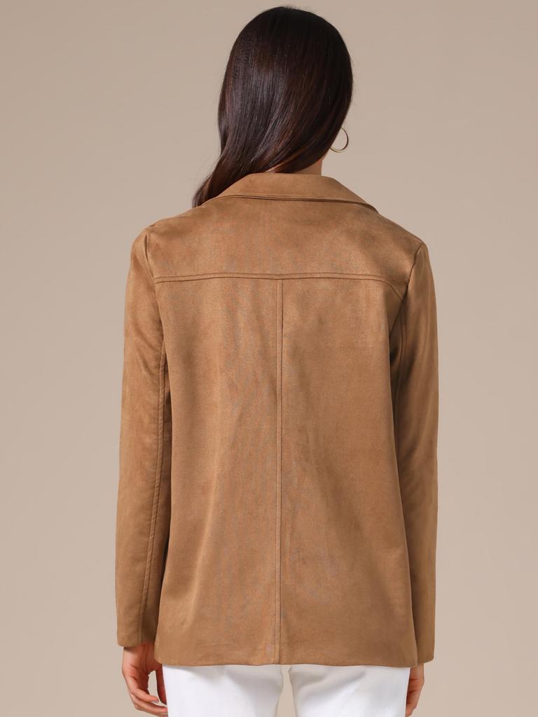 Allegra K Women's Faux Suede Blazer Jacket, Vintage Casual Button-Down Long Sleeve Blazer with Pockets, Brown, Size L