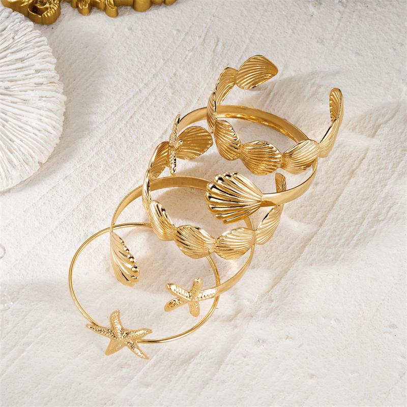 5Pcs/Set Exaggerated Starfish Shell Wide Cuff Bangle for Women Gold Color Sea Star Scallop Open Bracelet Beach Party Jewelry