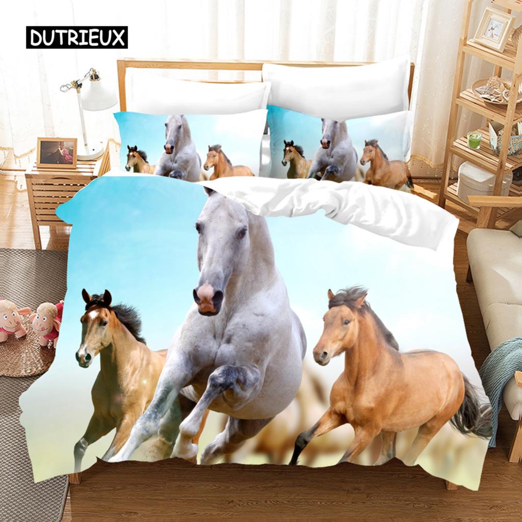 Bettbezug, Bettwäscheset mit laufendem Pferd, Tier-Bettbezug, weiche Bettdecke, Grasland, Queen-Size-Größe für Dekoration, Jungen, Teenager, Erwachsene, Schlafzimmer