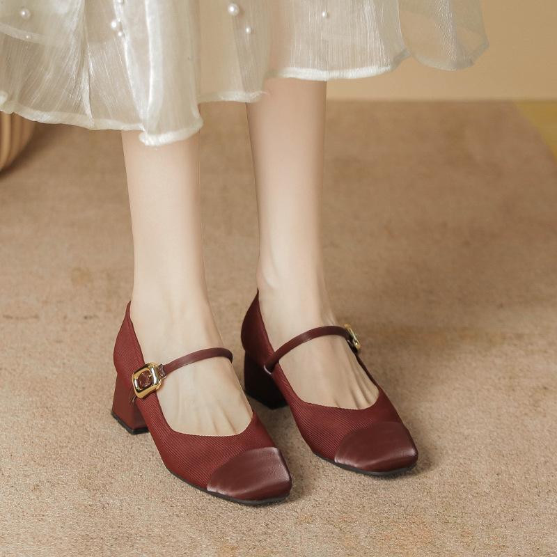 Shallow single shoes women's spring new French square head thick heel Mary Jane shoes women's burgundy high-heeled single shoes