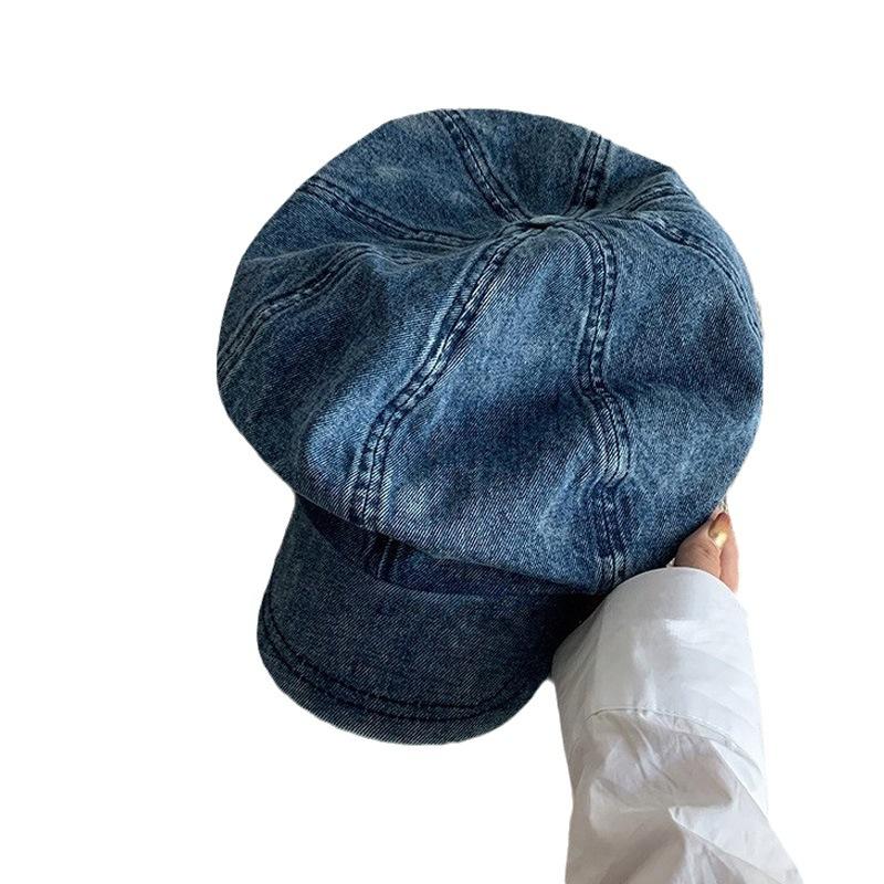 Spring and autumn washed cotton cowboy female painter hat retro octagonal hat big head circumference showing face small beret retro style