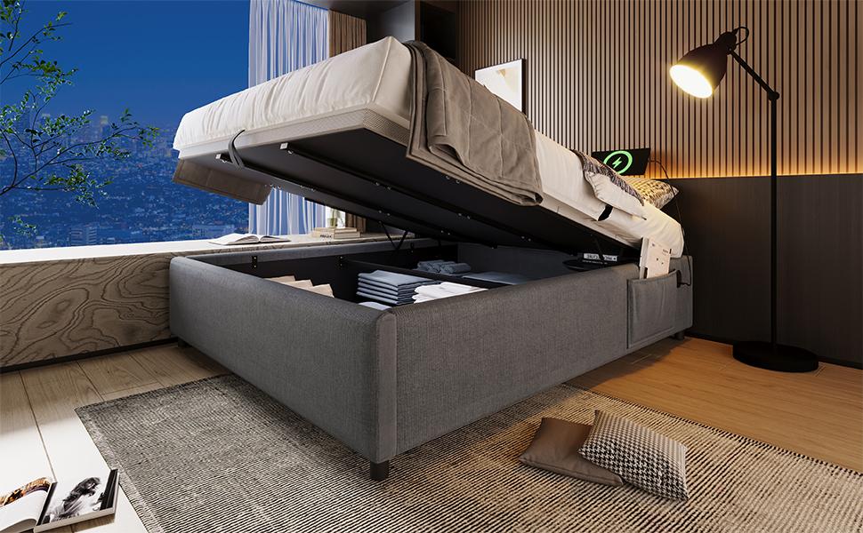 Upholstered Bed Double Bed 140x200 Cm, Storage Bed Frame with USB-C and Full-Surface Slatted Frame, Without Headboard, Cotton, Gray